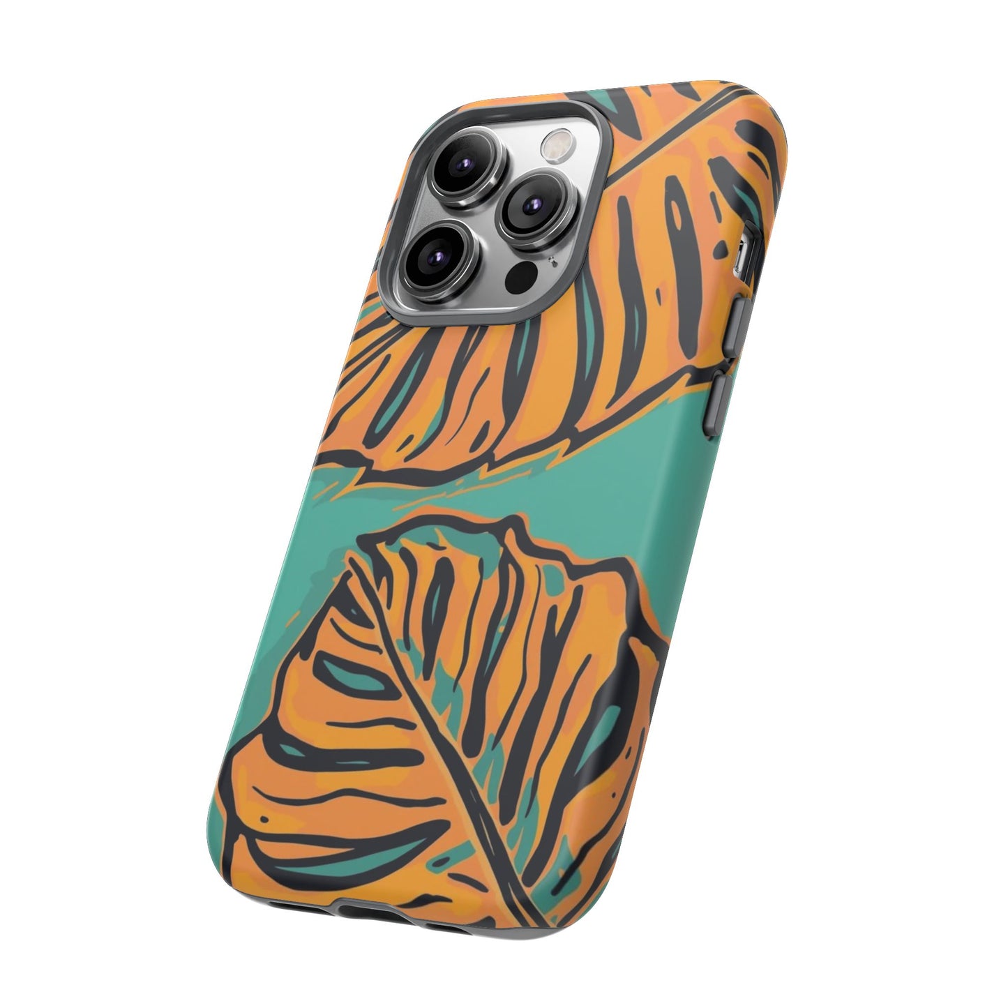 Tropical Leaf Tough Phone Case — Orange Monstera Design on Teal