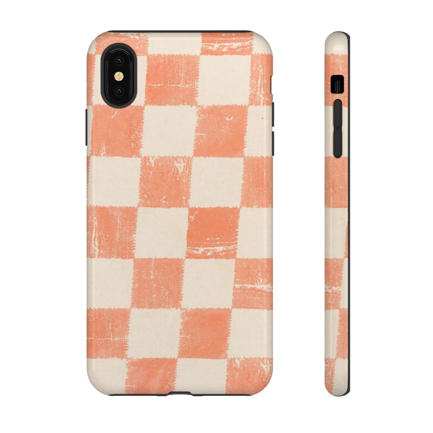 Peach Checkerboard Tough Phone Case — Retro Distressed Grid Design