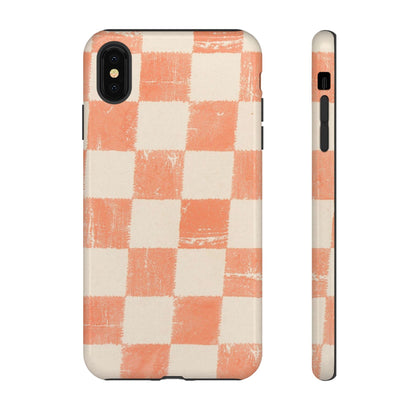 Peach Checkerboard Tough Phone Case — Retro Distressed Grid Design