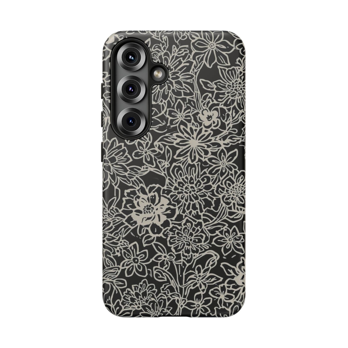 Floral Doodle Tough Phone Case — Black & White Sketch Flower Protective Cover