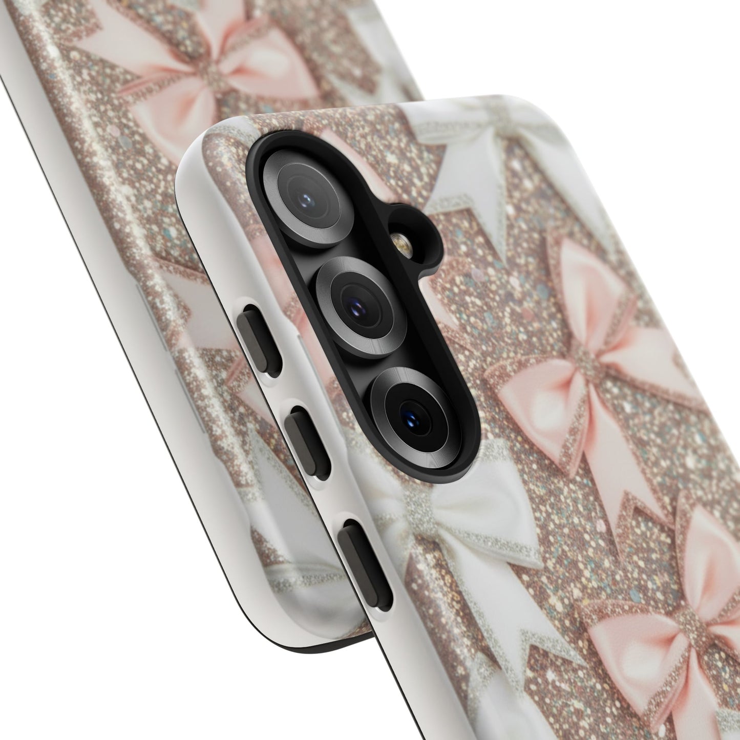 Glitter Bow Tough Phone Case — Pink & White Ribbon Protective Cover