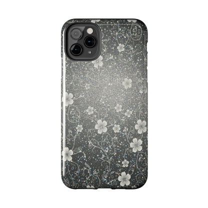 Floral Sparkle Tough Phone Case — Black & Silver Vintage Blossom