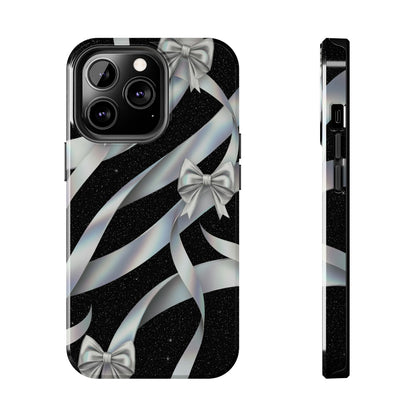 Silver Ribbon Bow Tough Phone Case — Glitter Black Protective Phone Case