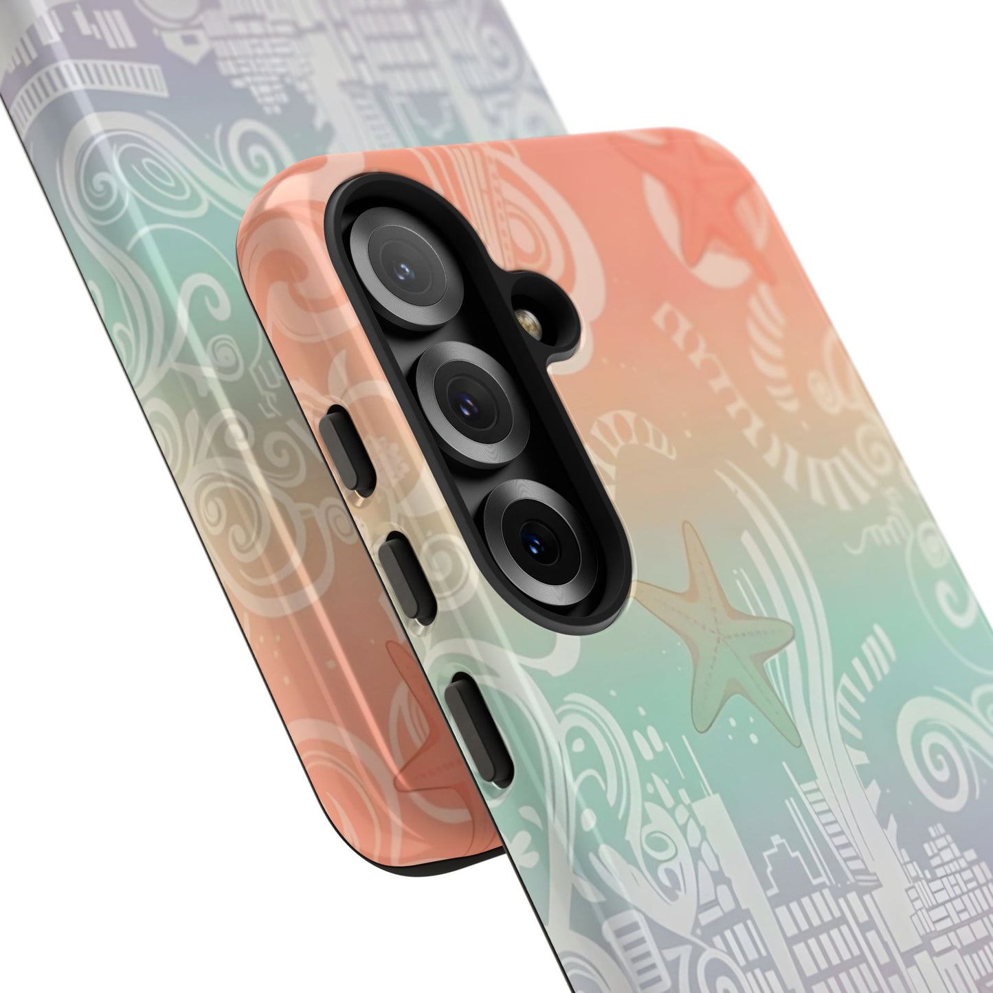 Tough Cases: Pastel Beach Pattern Phone Case — Starfish & Coastal Cityscape Protective Cover