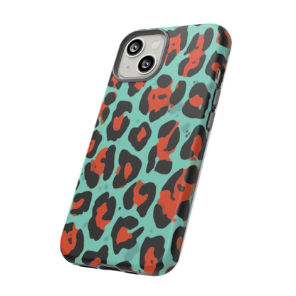 Leopard Print Tough Phone Case — Teal & Rust Protective iPhone Cover