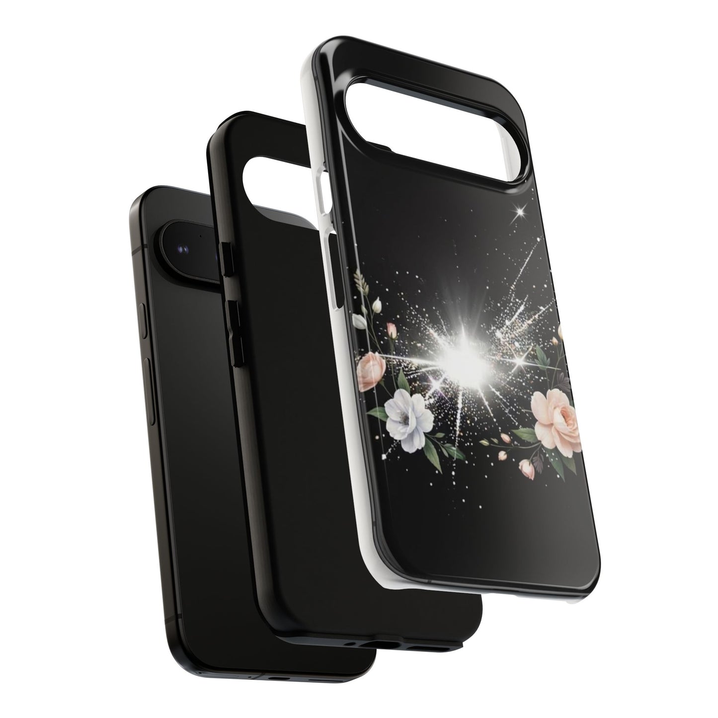 Floral Burst Phone Case — Protective Black Sparkle Design