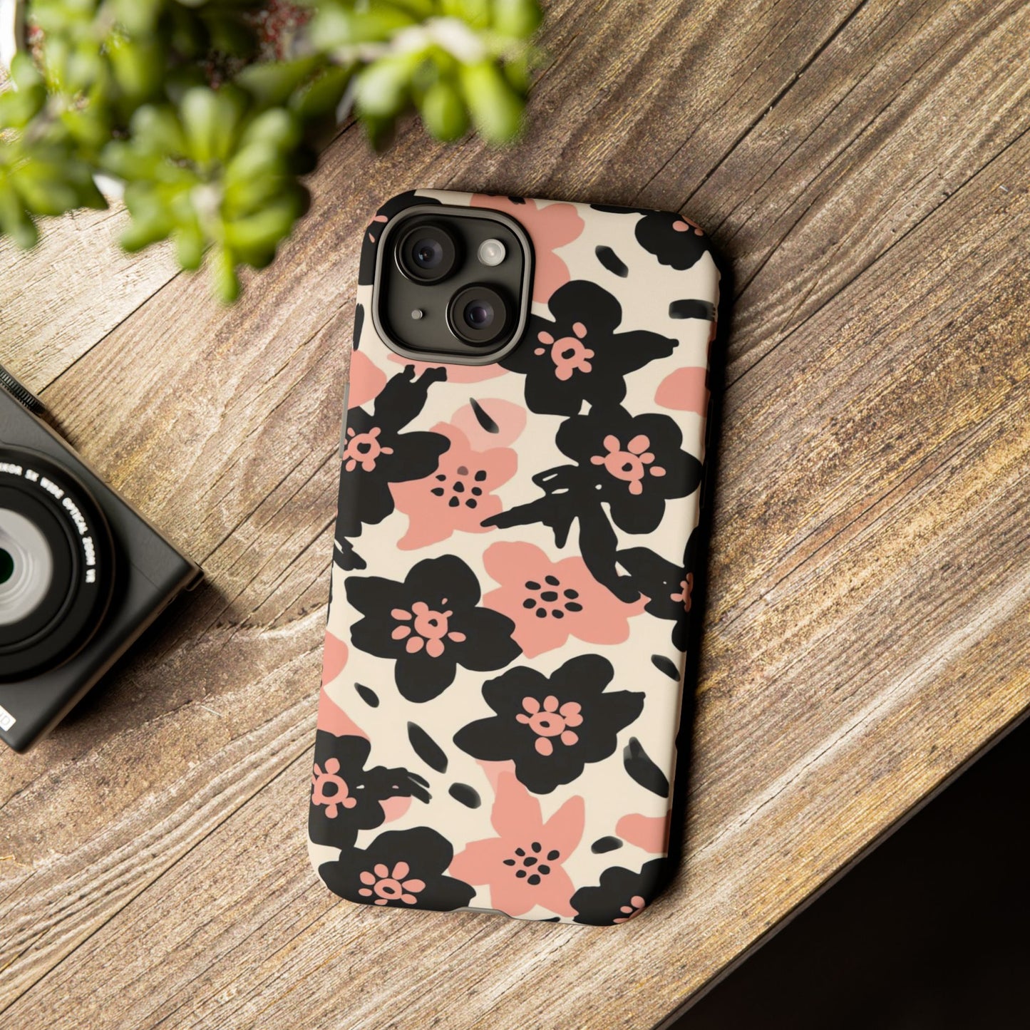 Floral Phone Case — Pink & Black Retro Blossom Protective Cover