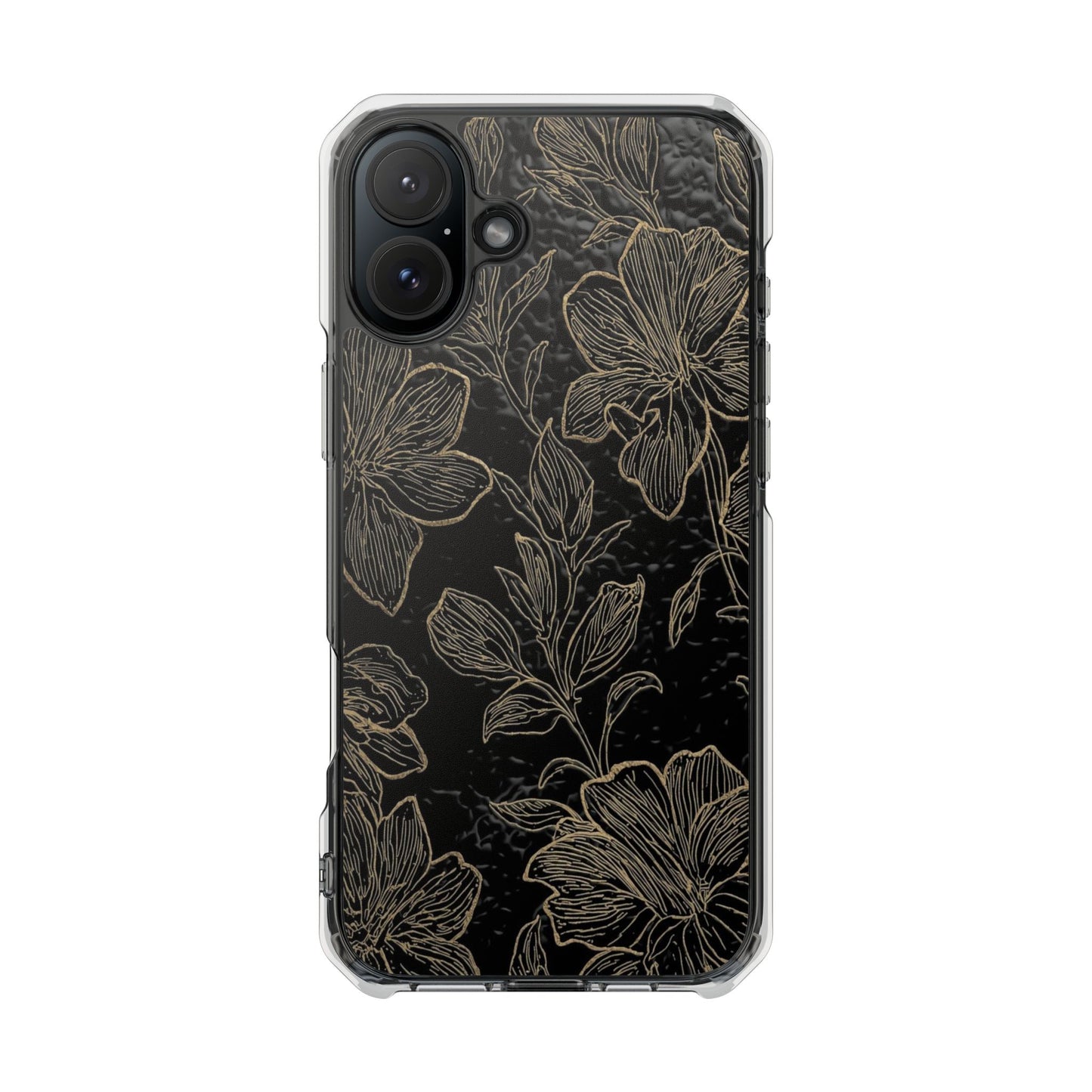 Floral Sketch Magnetic Clear Phone Case — Black & Gold Botanical Impact Case