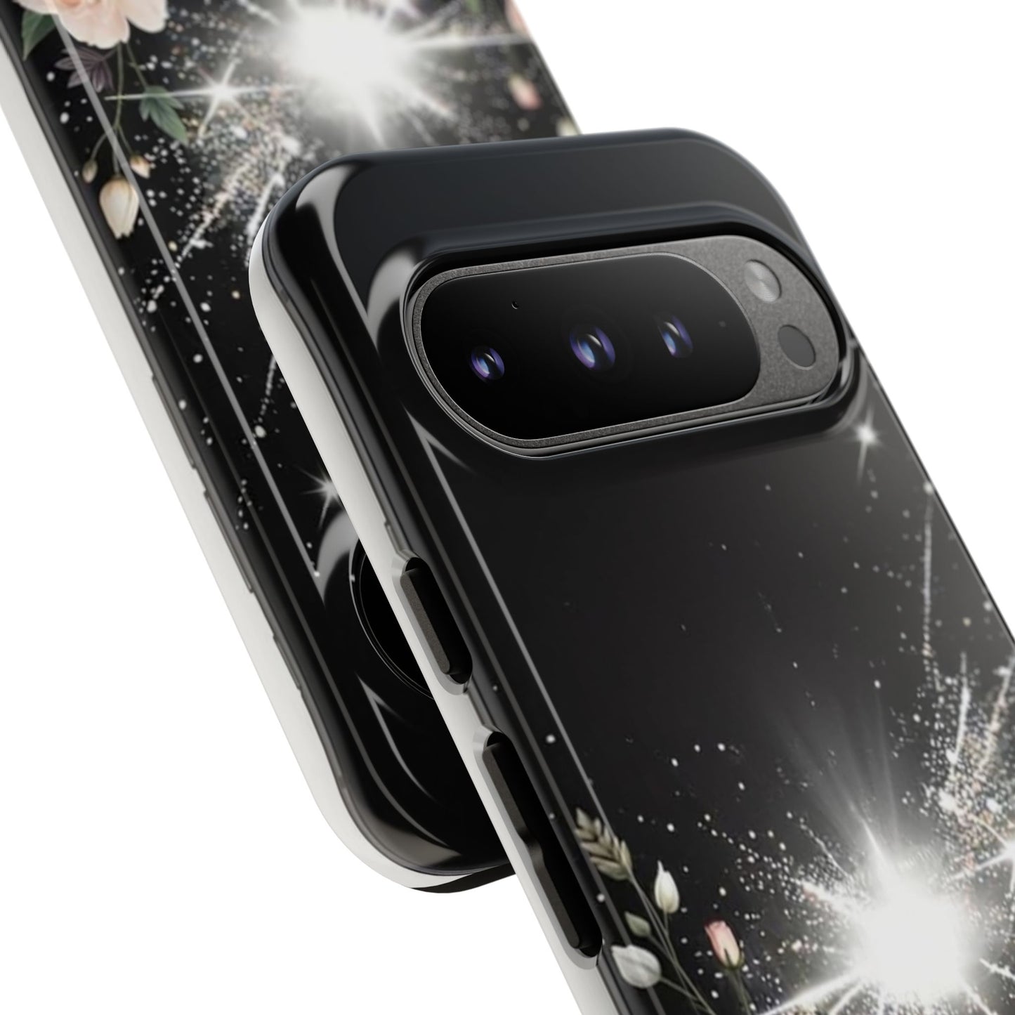 Floral Burst Phone Case — Protective Black Sparkle Design