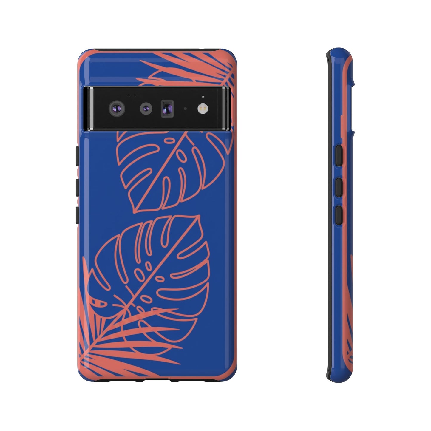 Tropical Monstera Phone Case — Blue & Coral Leaf Protective Cover
