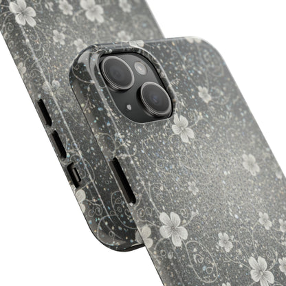 Floral Sparkle Tough Phone Case — Black & Silver Vintage Blossom