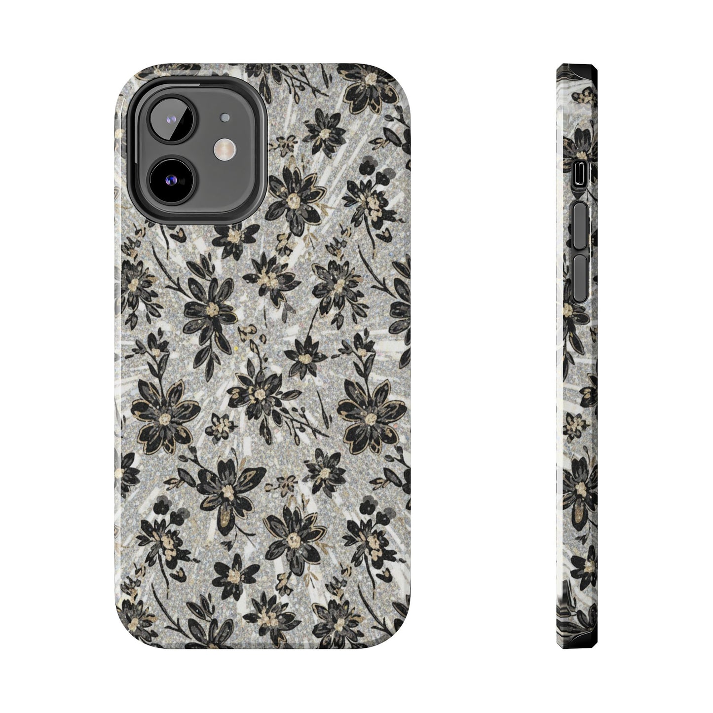 Floral Vintage Tough Phone Case — Black & Gray Rustic Flower Protective Case