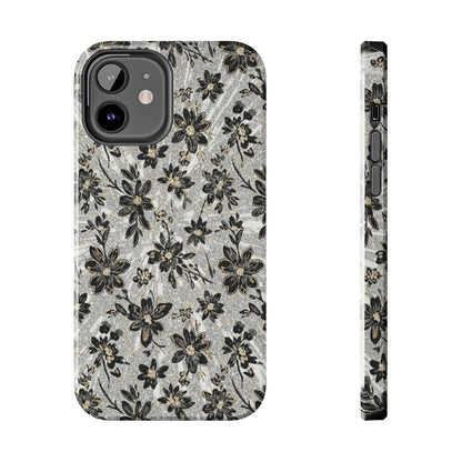 Floral Vintage Tough Phone Case — Black & Gray Rustic Flower Protective Case