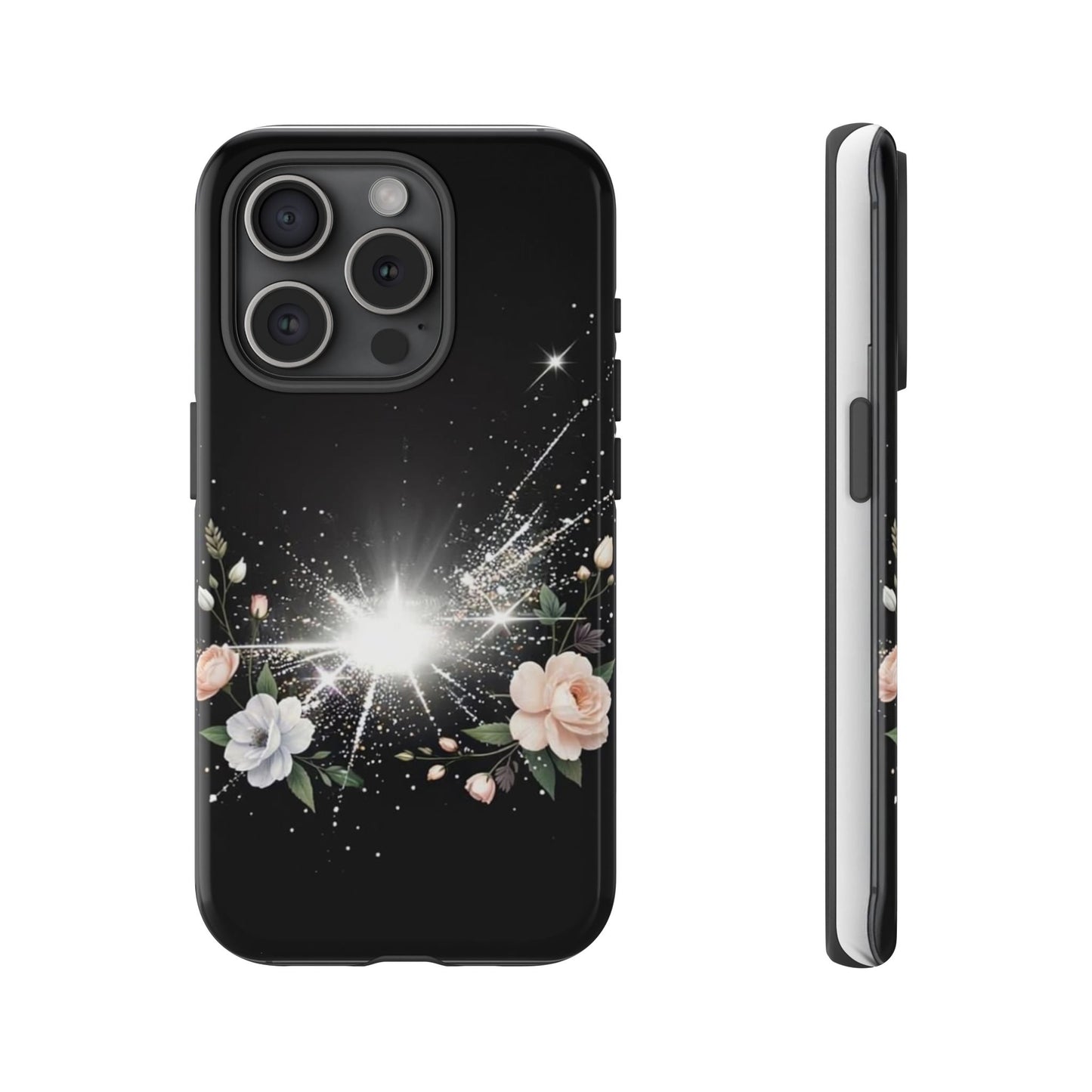 Floral Burst Phone Case — Protective Black Sparkle Design