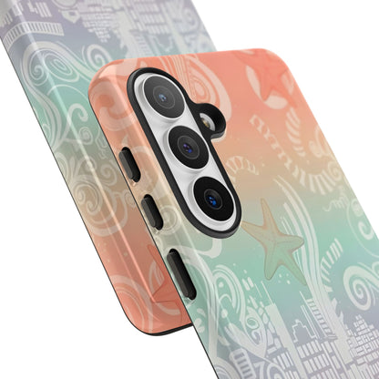 Tough Cases: Pastel Beach Pattern Phone Case — Starfish & Coastal Cityscape Protective Cover