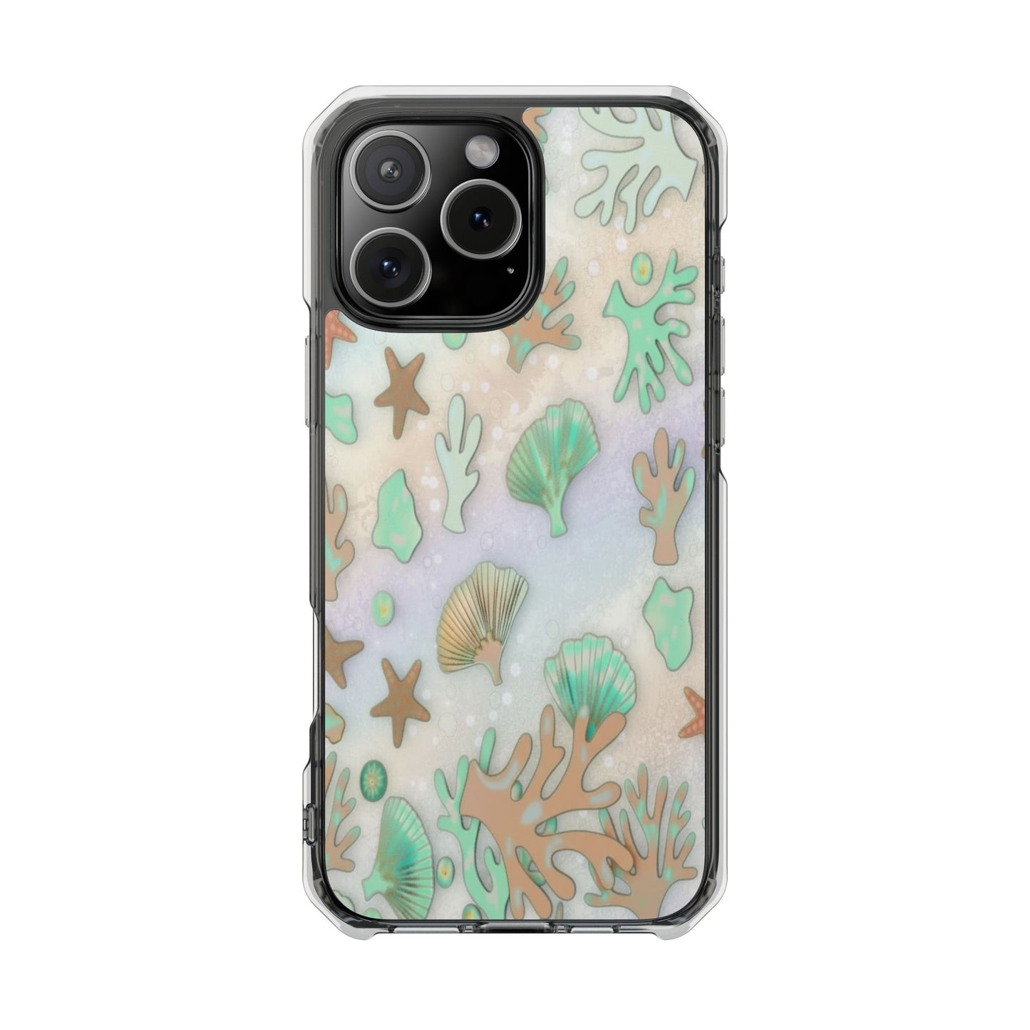Clear Magnetic Phone Case — Iridescent Ocean Shells & Coral Design