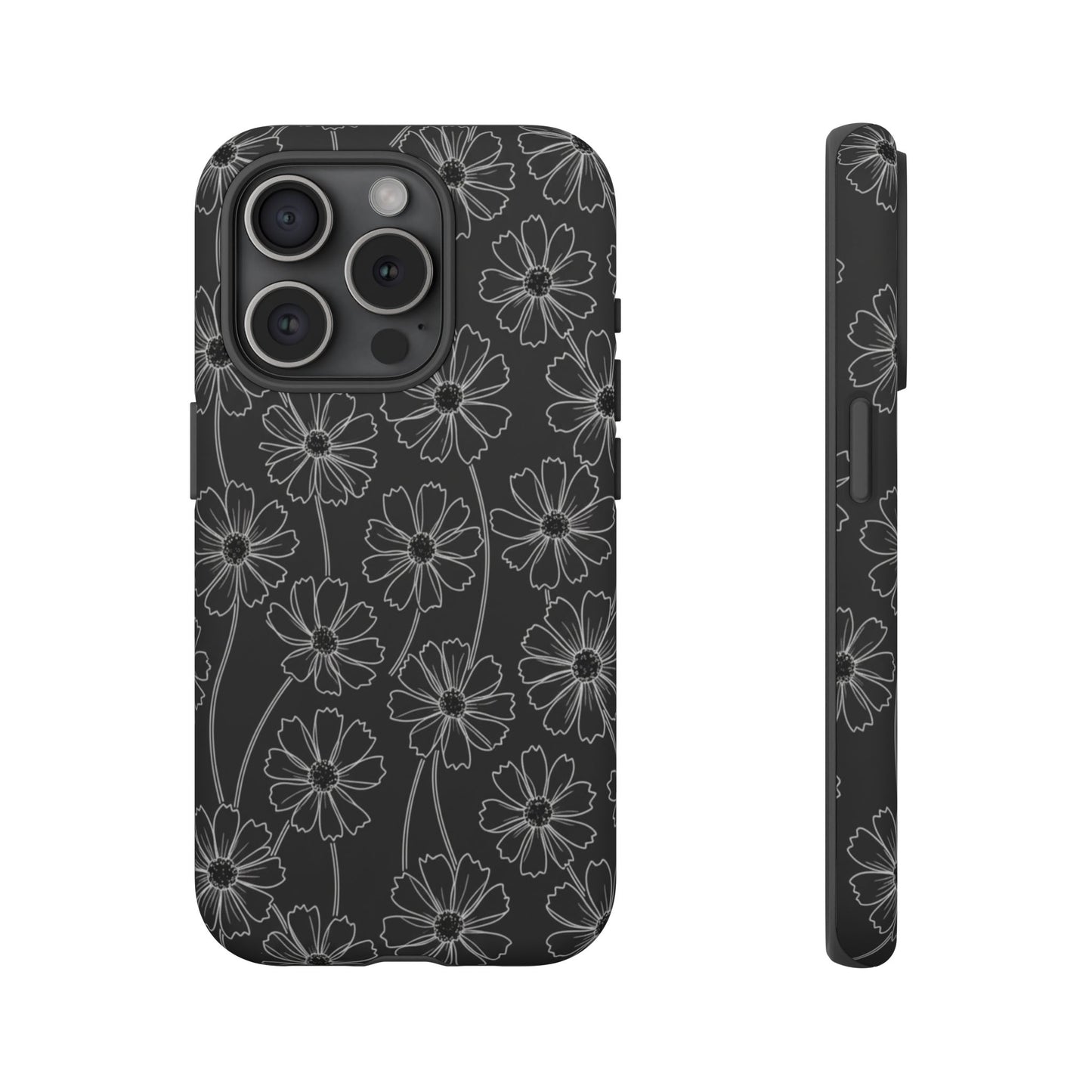 Floral Doodle Tough Phone Case — Black & Gray Daisy Pattern