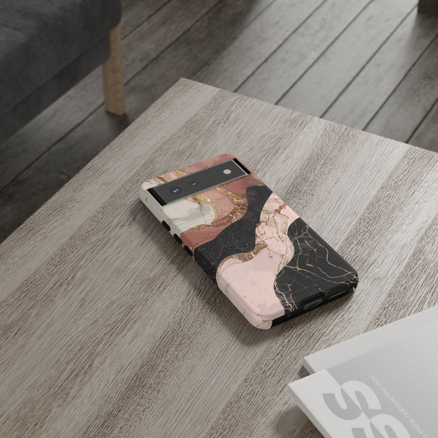 Marbled Rose Gold Phone Case — Abstract Pink & Black Protective Tough Case