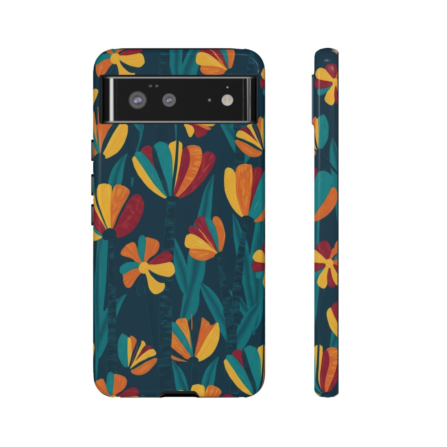 Floral Retro Teal Tough Phone Case — Vibrant Orange & Mustard Blooms