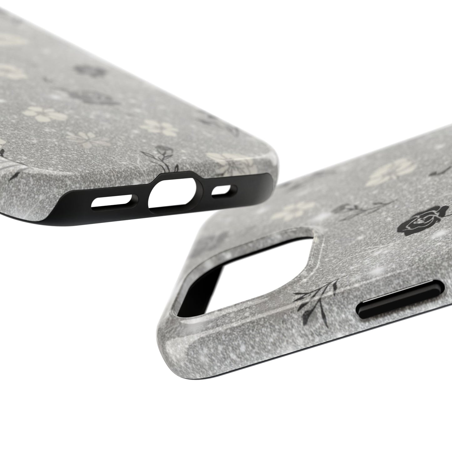 Floral Glitter Tough Phone Case — Black & Silver Vintage Flower Protective Cover