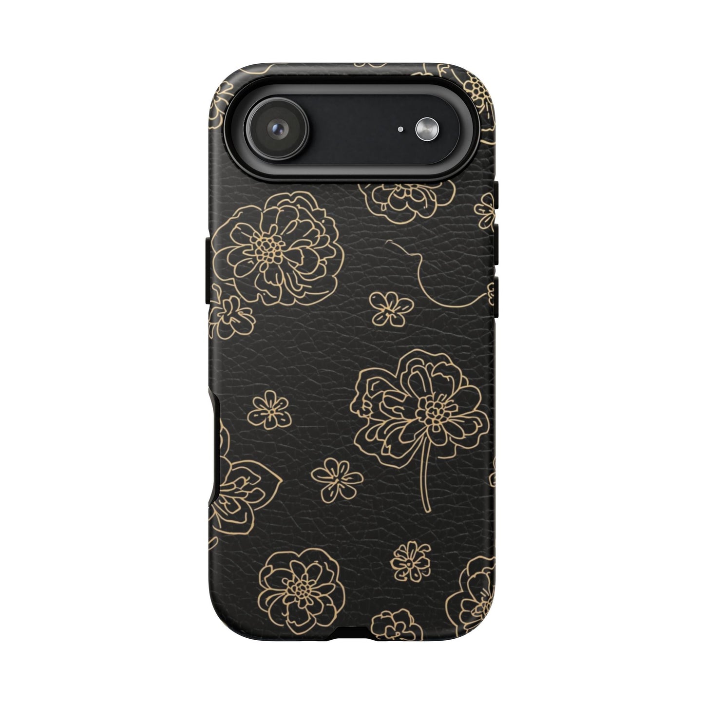 Floral Leather-Texture Tough Case – Black Gold Outline Phone Cover