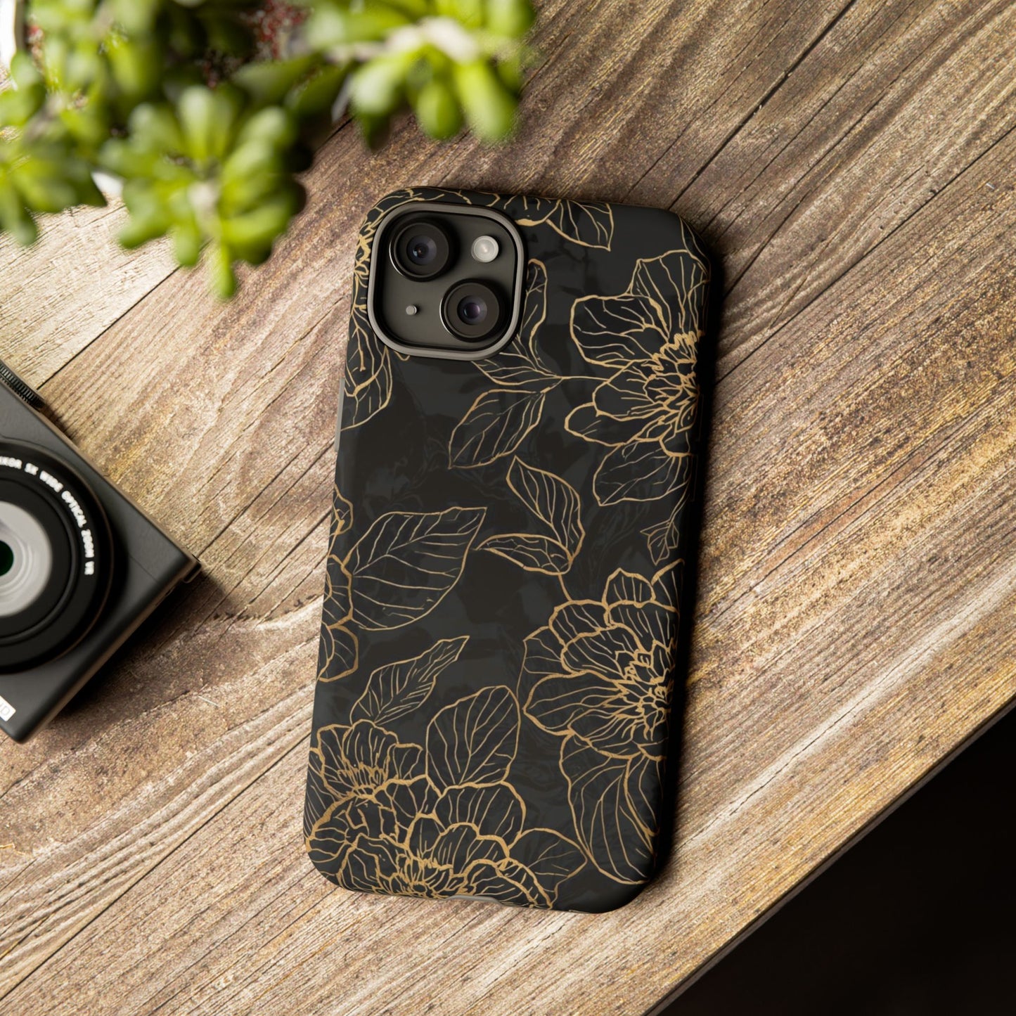 Floral Gold Outline Tough Phone Case – Black Botanical Protective Cover