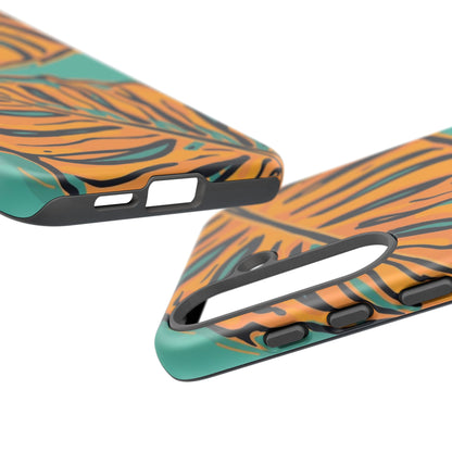 Tropical Leaf Tough Phone Case — Orange Monstera Design on Teal