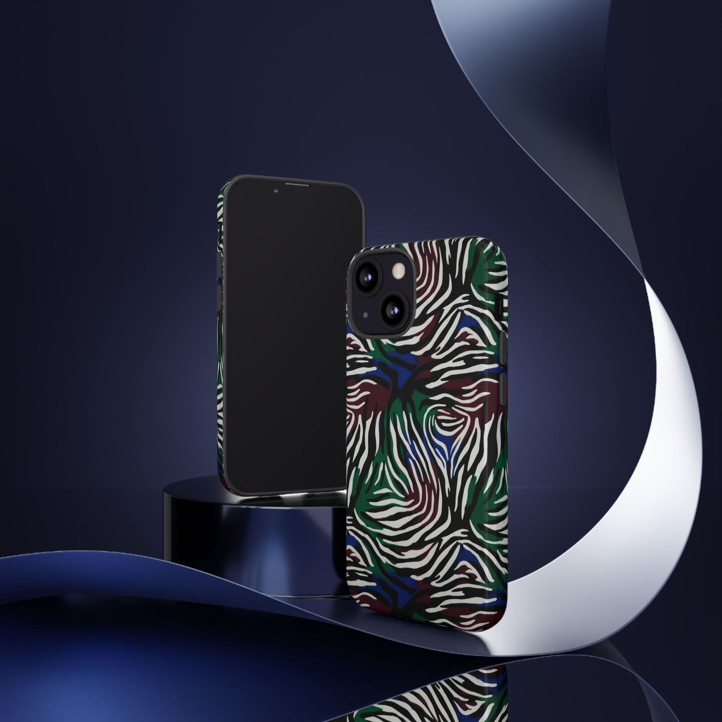 Zebra Camo Tough Phone Case – Green & Blue Animal Print Protective Cover