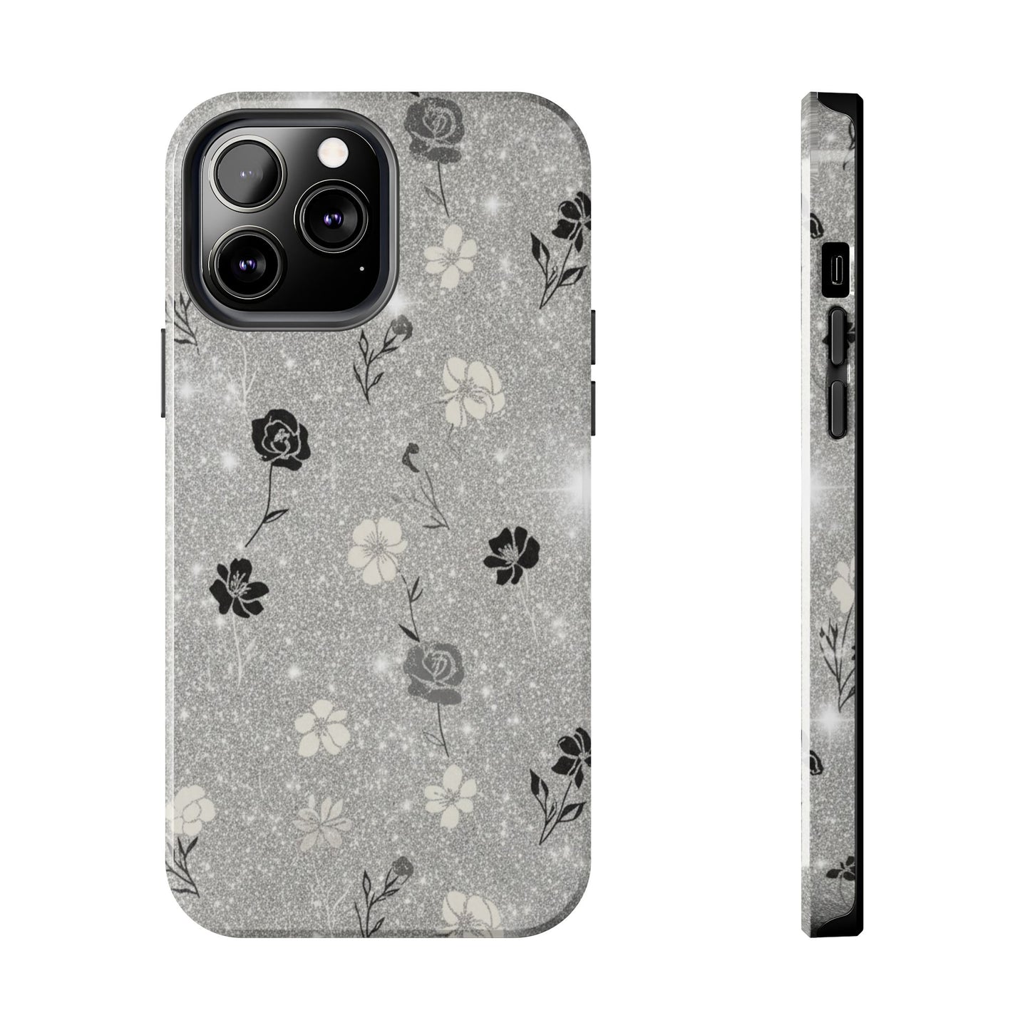 Floral Glitter Tough Phone Case — Black & Silver Vintage Flower Protective Cover
