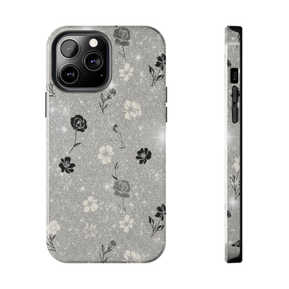 Floral Glitter Tough Phone Case — Black & Silver Vintage Flower Protective Cover
