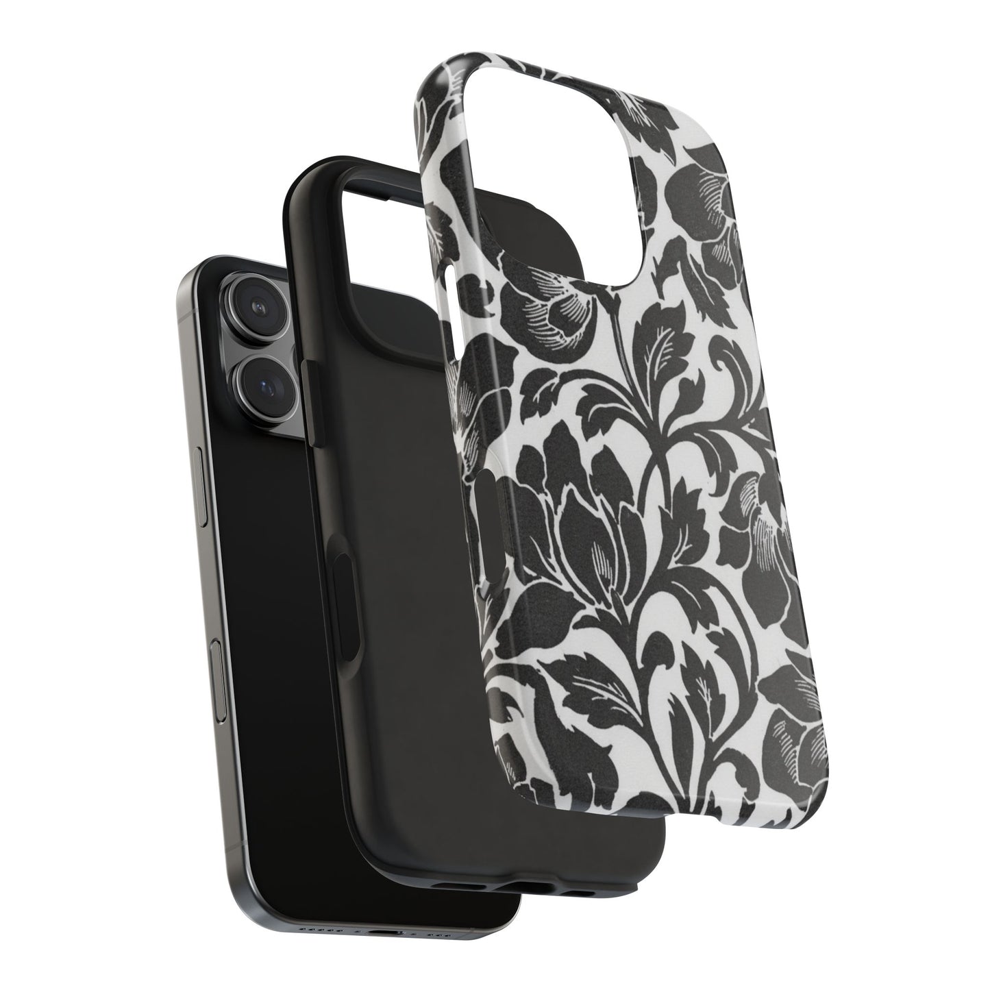 Tough Phone Case — Black & White Vintage Floral Protective Cover