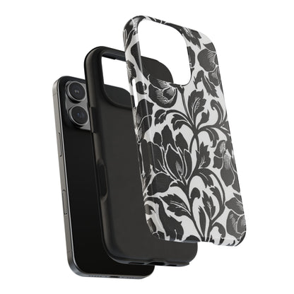 Tough Phone Case — Black & White Vintage Floral Protective Cover