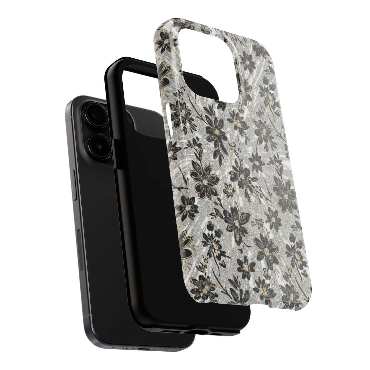 Floral Vintage Tough Phone Case — Black & Gray Rustic Flower Protective Case