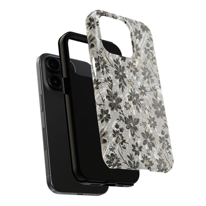 Floral Vintage Tough Phone Case — Black & Gray Rustic Flower Protective Case