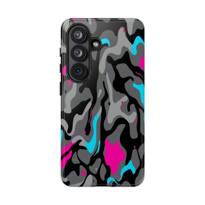 Camouflage Phone Case — Gray Camo with Neon Pink & Cyan Accent Tough Protective Cover