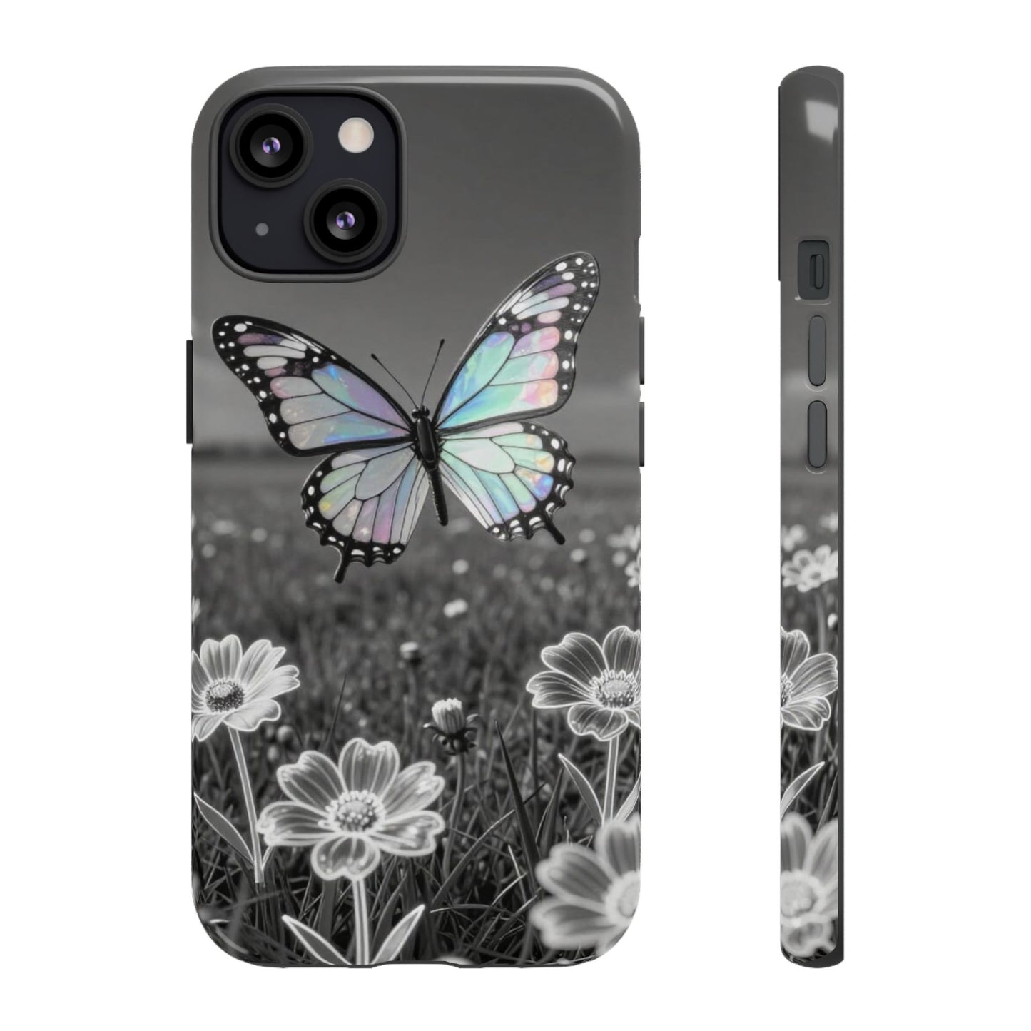 Butterfly Field Tough Phone Case — Pastel Holographic Butterfly on Black & White Floral Background