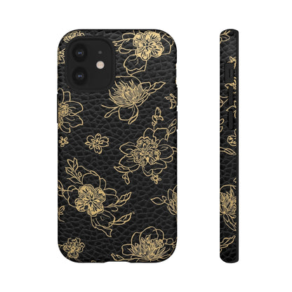 Floral Leather Phone Case — Gold Outline Flowers on Black Tough Case