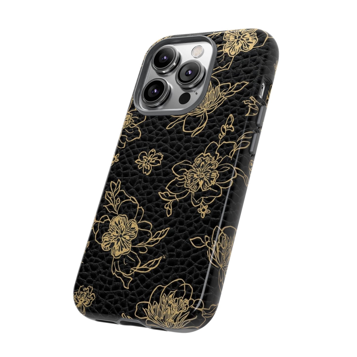 Floral Leather Phone Case — Gold Outline Flowers on Black Tough Case