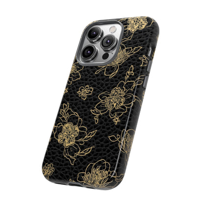 Floral Leather Phone Case — Gold Outline Flowers on Black Tough Case