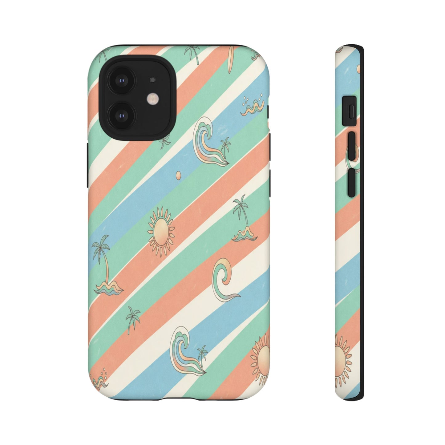 Retro Beach Stripes Phone Case — Sun, Waves & Palm Pattern Tough Case
