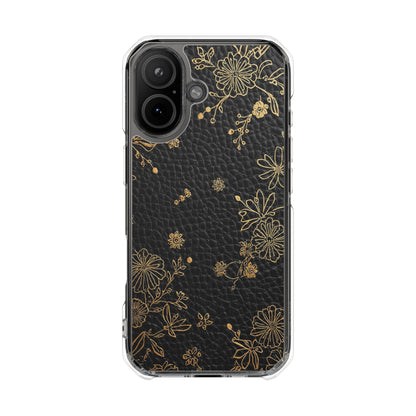 Clear Impact Phone Case — Black Leather Texture with Gold Floral Foil