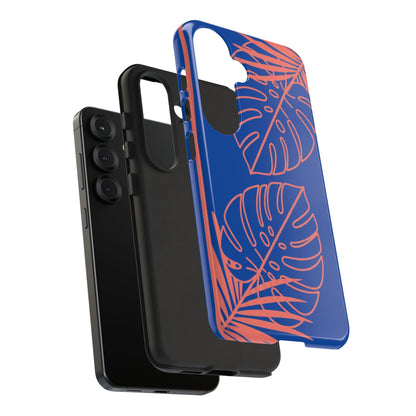 Tropical Monstera Phone Case — Blue & Coral Leaf Protective Cover