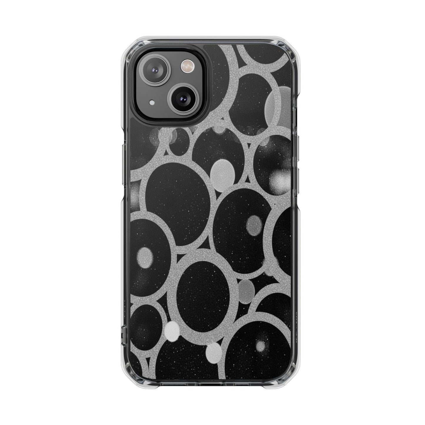 Magnetic Clear Phone Case — Abstract Black & Gray Bubble Design, Impact-Resistant
