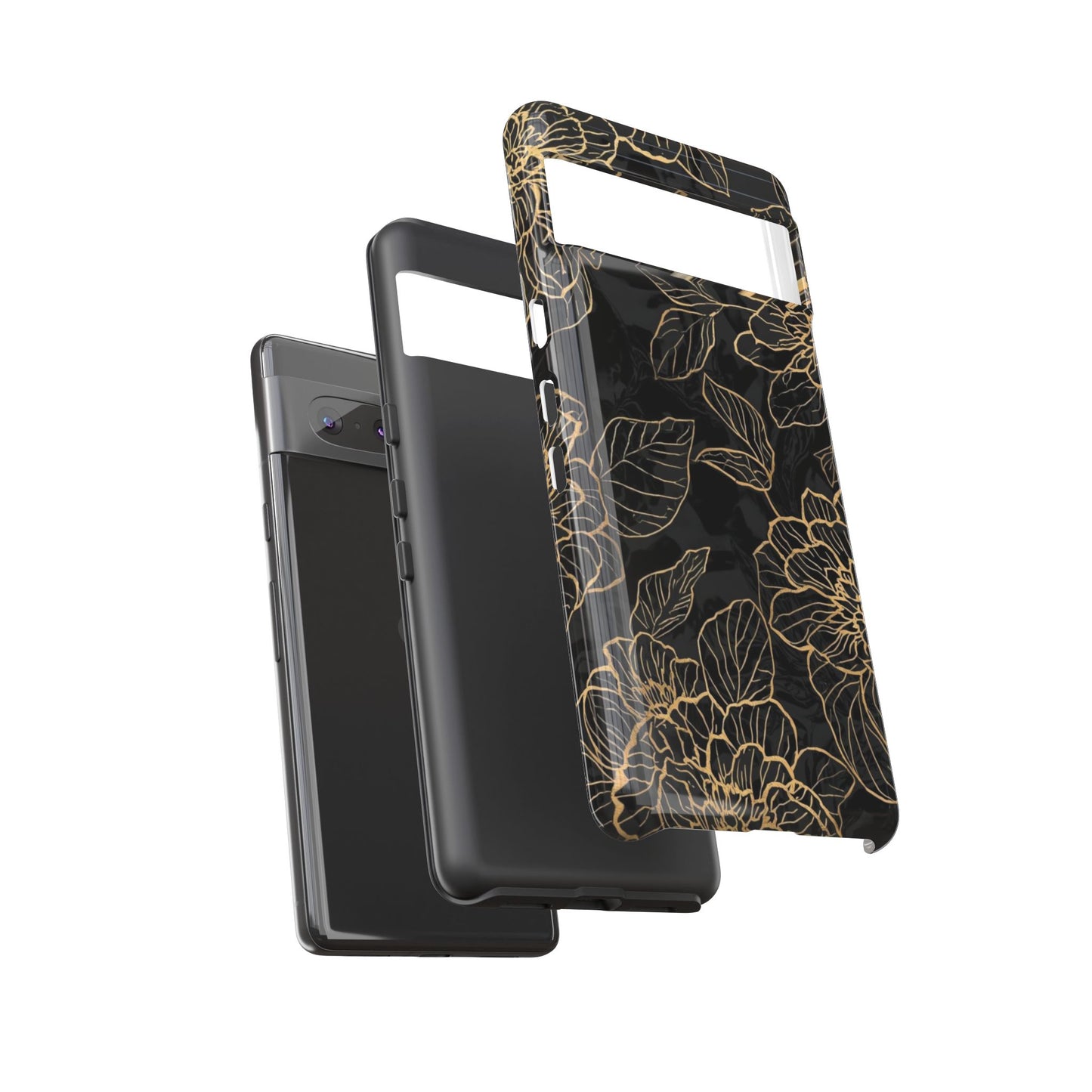 Floral Gold Outline Tough Phone Case – Black Botanical Protective Cover