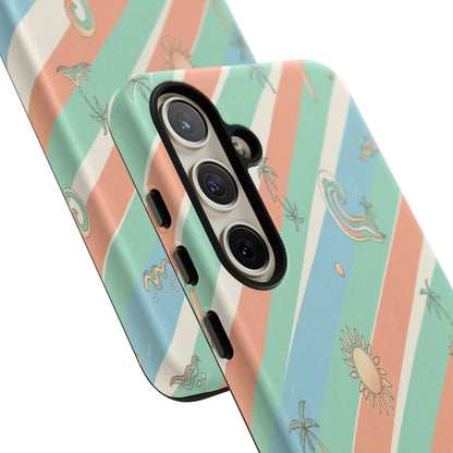 Retro Beach Stripes Phone Case — Sun, Waves & Palm Pattern Tough Case