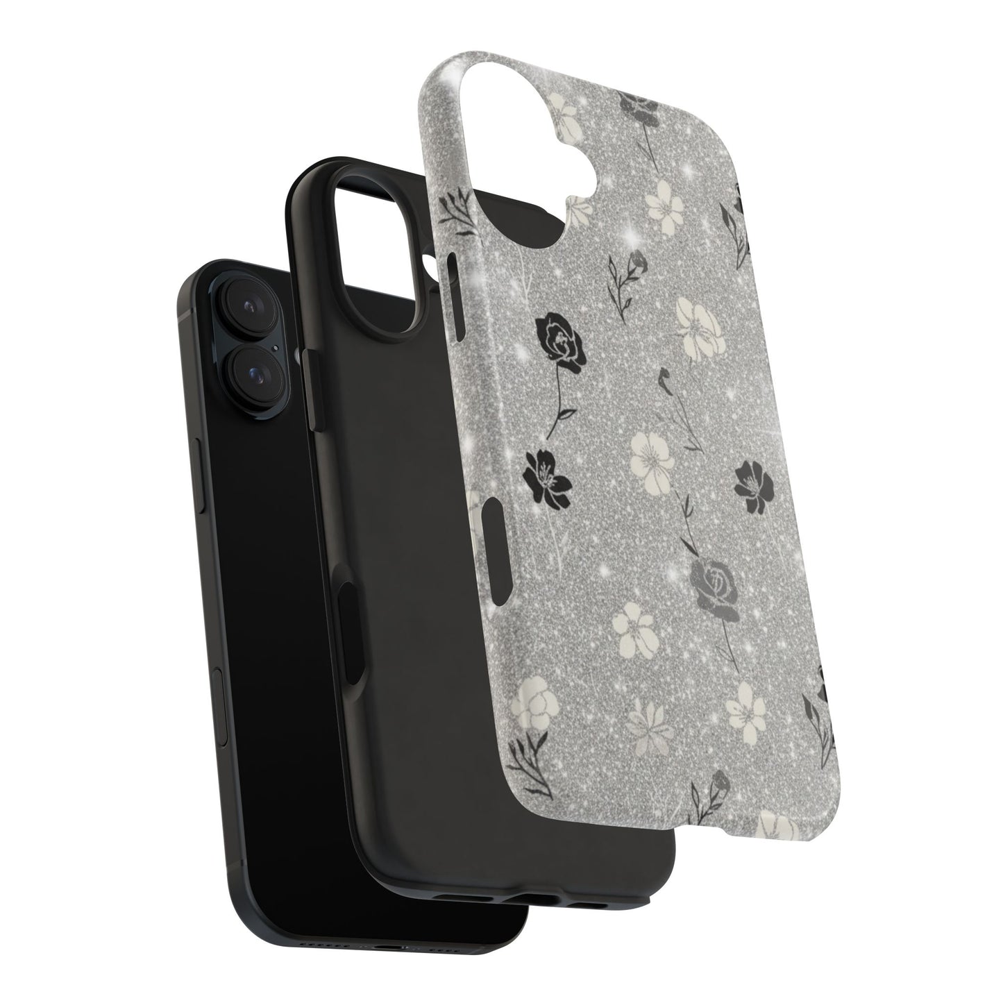 Floral Glitter Tough Phone Case — Black & Silver Vintage Flower Protective Cover