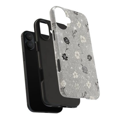 Floral Glitter Tough Phone Case — Black & Silver Vintage Flower Protective Cover