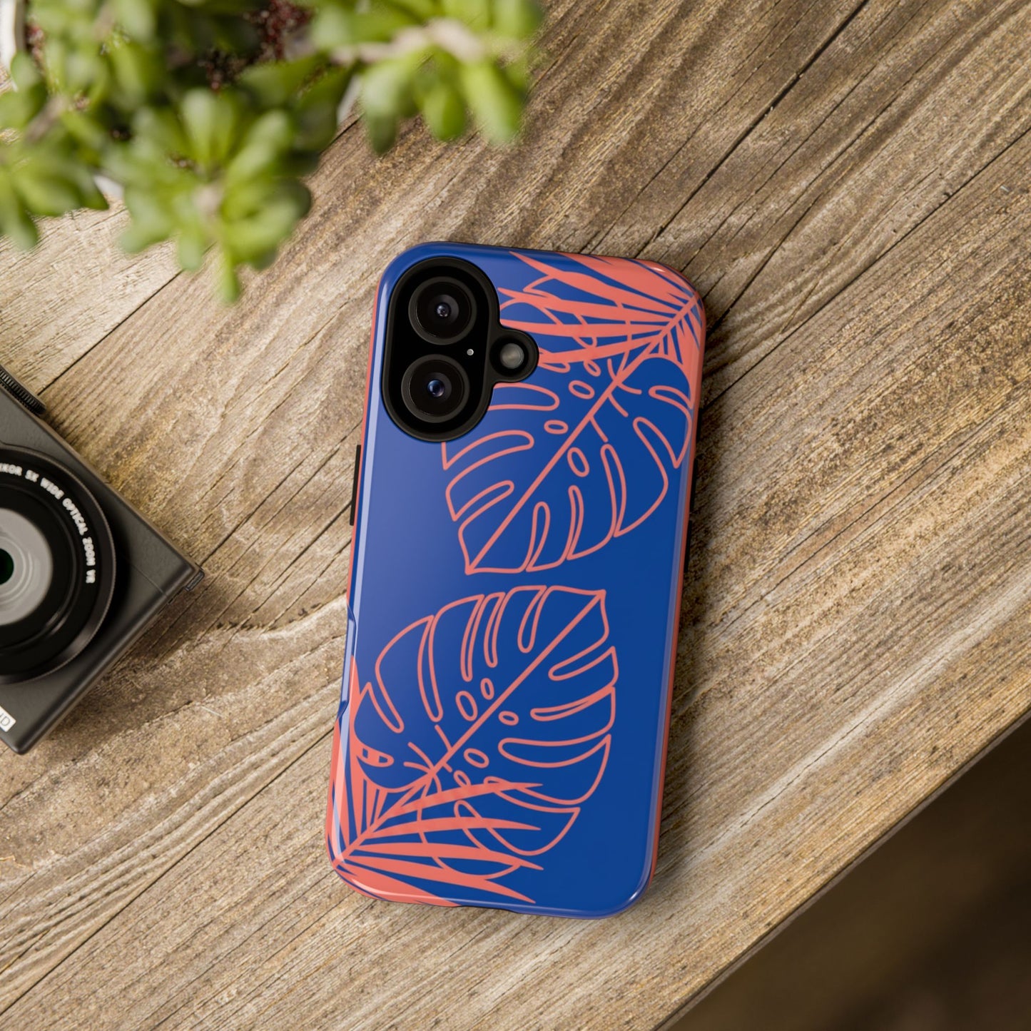 Tropical Monstera Phone Case — Blue & Coral Leaf Protective Cover