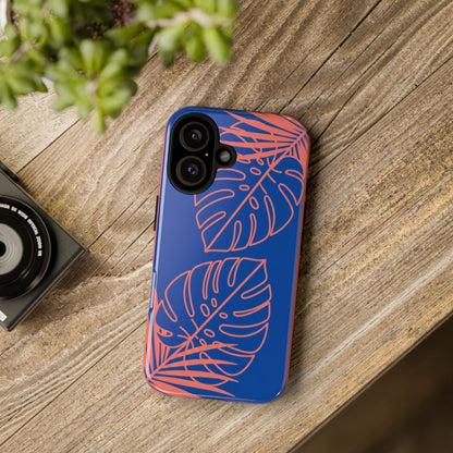 Tropical Monstera Phone Case — Blue & Coral Leaf Protective Cover