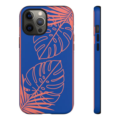 Tropical Monstera Phone Case — Blue & Coral Leaf Protective Cover